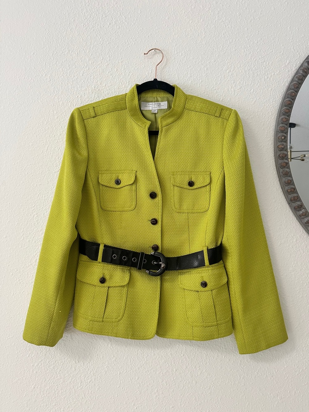 Tahari Lime Green Textured Belted Blazer